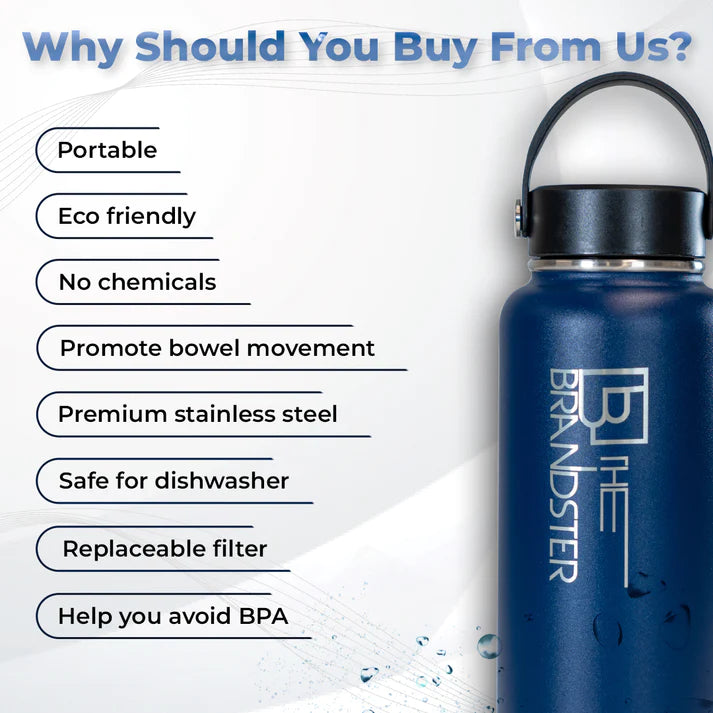 The Brandster 32oz/ 946ml PH 9 Insulated Stainless Steel Antioxidant Alkaline Sports Water Bottle With Hydrogen Drinking Ionizer Water Filter BPA free For Daily Fitness, Gym, Jogging, Yoga Workouts